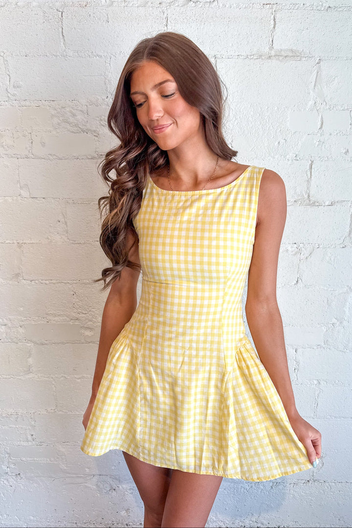 Lemon Checker Mini Dress, Yellow Mini Dress, Spring and Summer Dresses, Boutique Dresses, Checkered Dress, Brunch Dresses, Adeline Boutique, Dallas Boutique