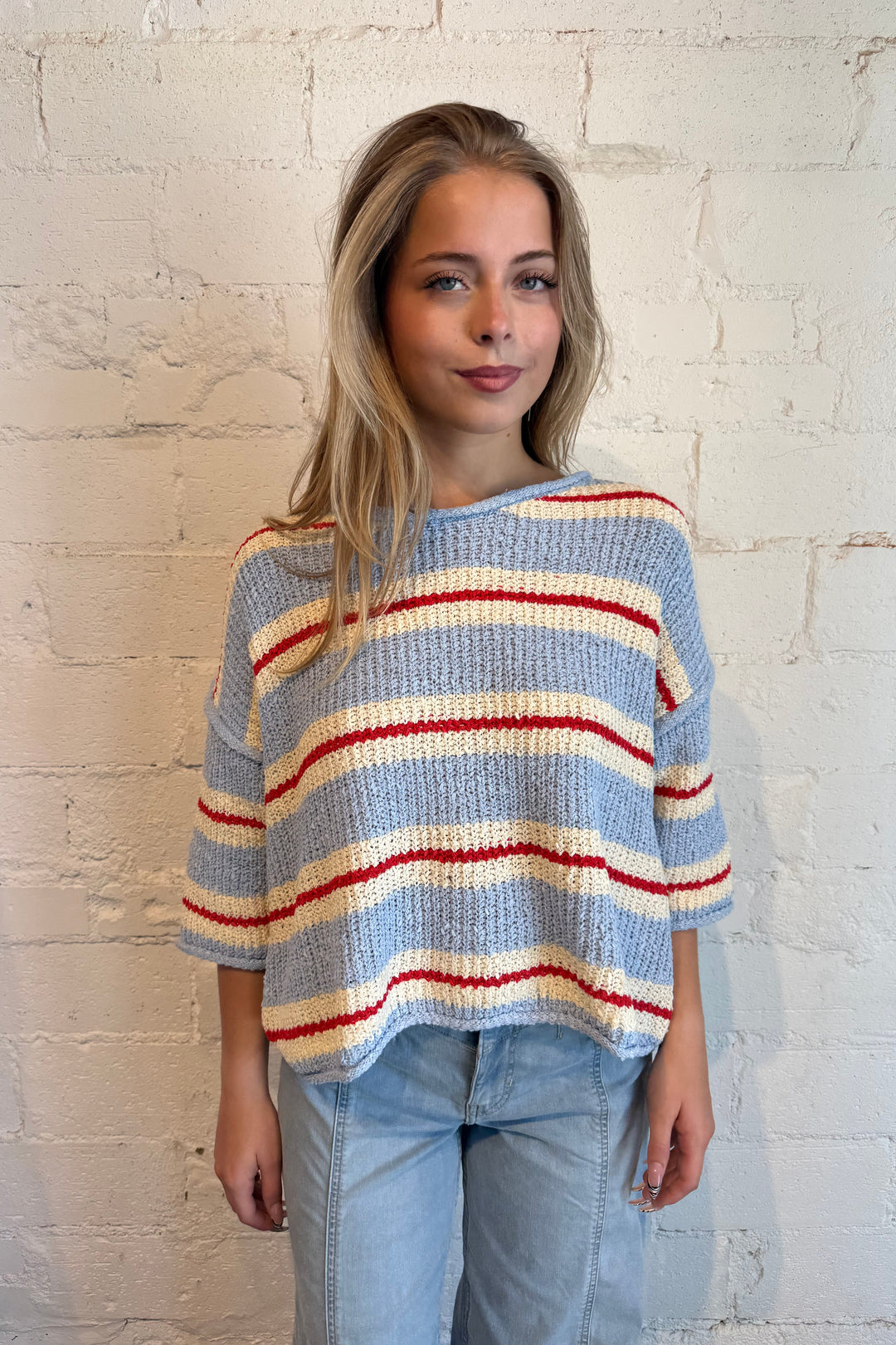 red white and blue stripe top, stripe sweater top 