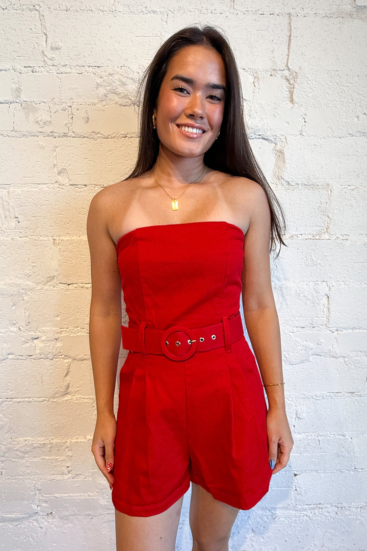 Louise Strapless Belted Romper Red, adeline boutique, dallas boutique, boutique