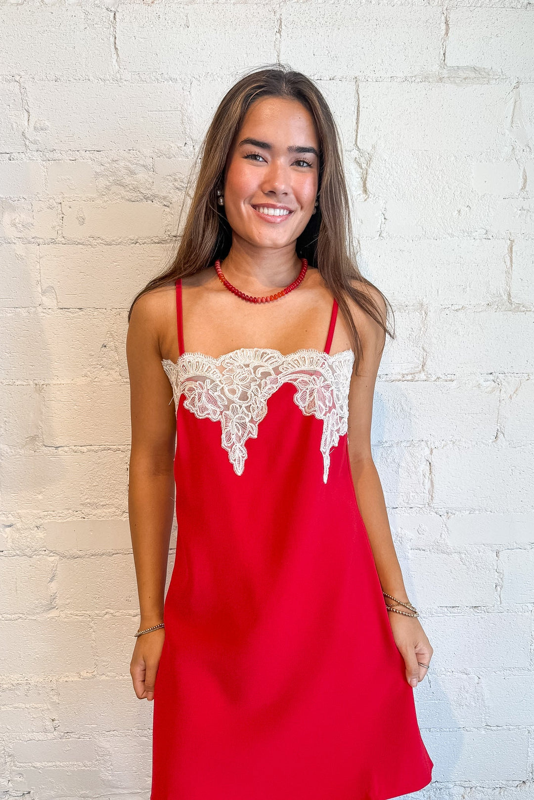 red mini dress with white lace detailing, game day dress, mini dress, day dress