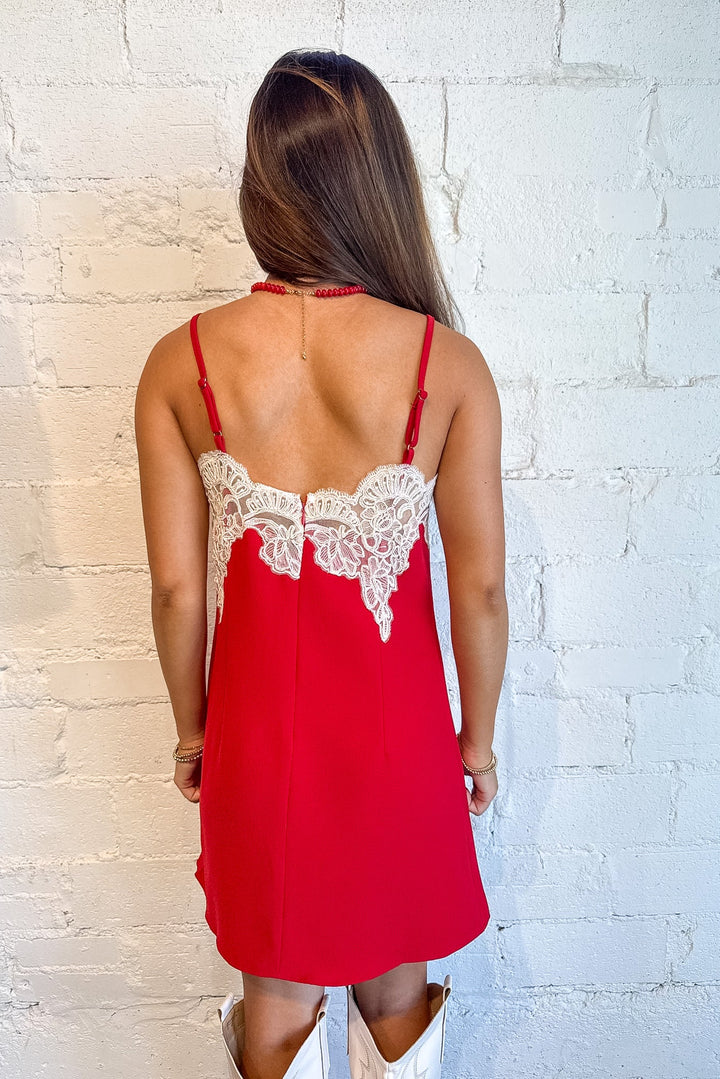 red mini dress with white lace detailing, game day dress, mini dress, day dress