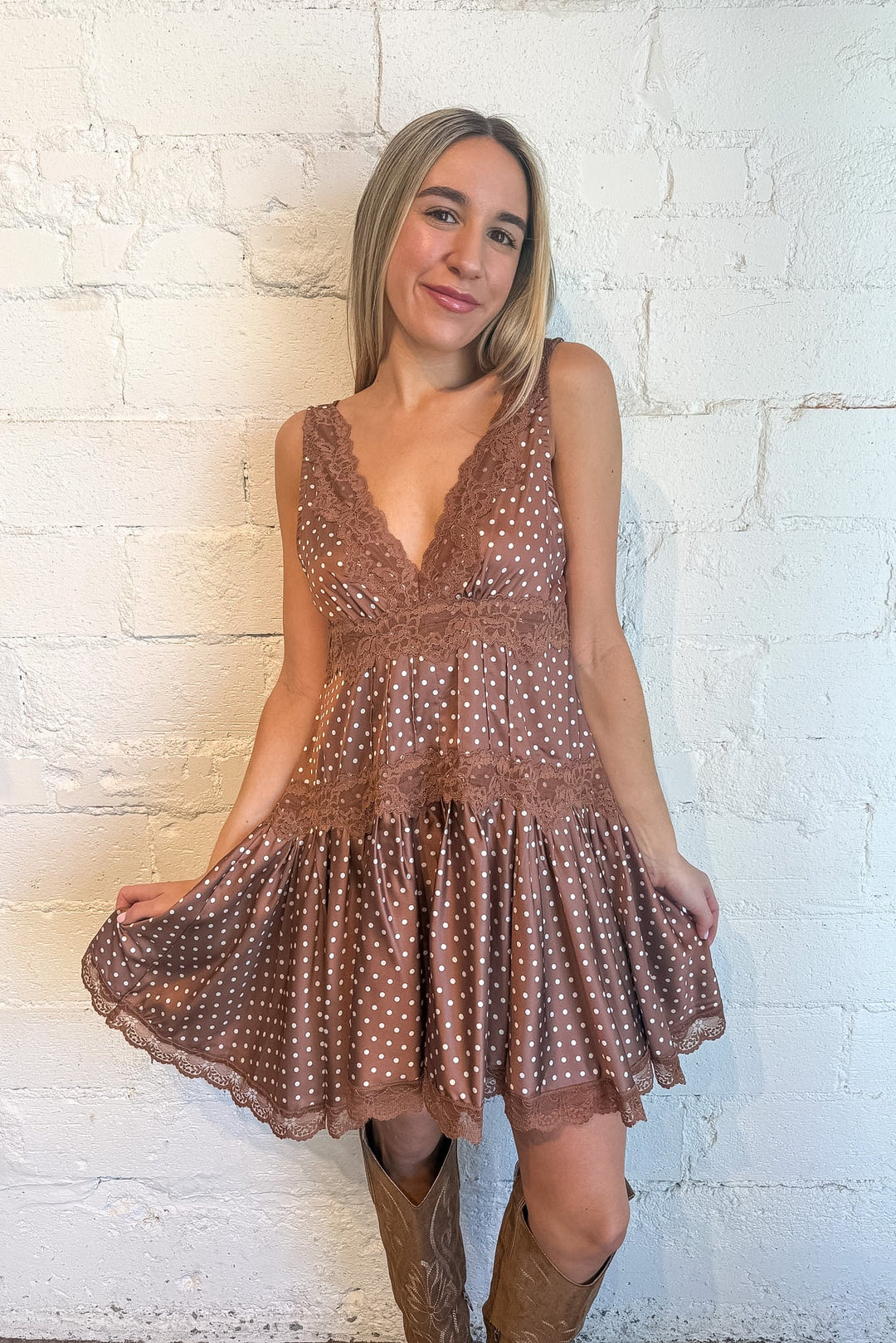 Brown mini dress, polka dot mini dress, brown dress, dress