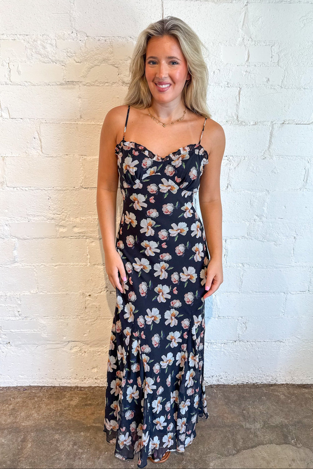 Maeryn Sweetheart Ruffle Maxi Dress, Maxi Dress, Maxi Floral Dress, Wedding Guest Dress, Adeline Boutique, Boutique Dresses, Dallas Boutique, Formal Dresses