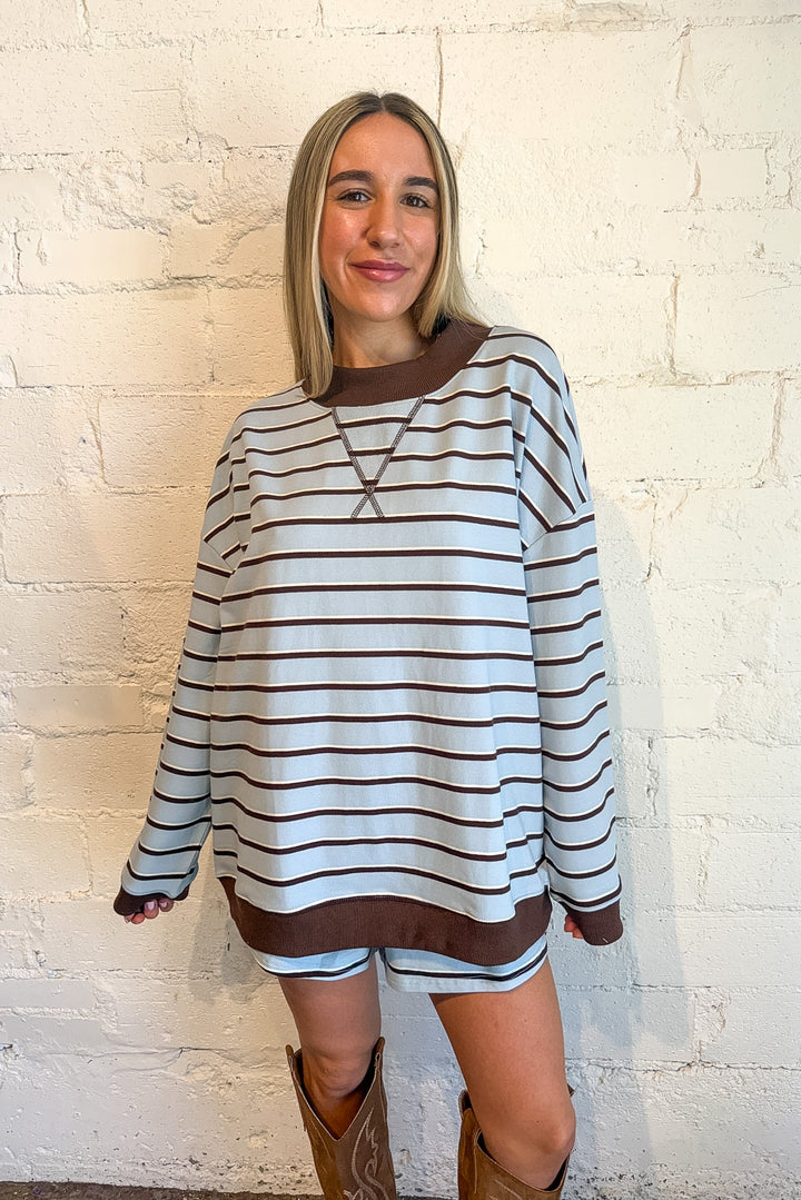 Striped shorts, sweat shorts, set, fall matching set, comfy blue and brown shorts 