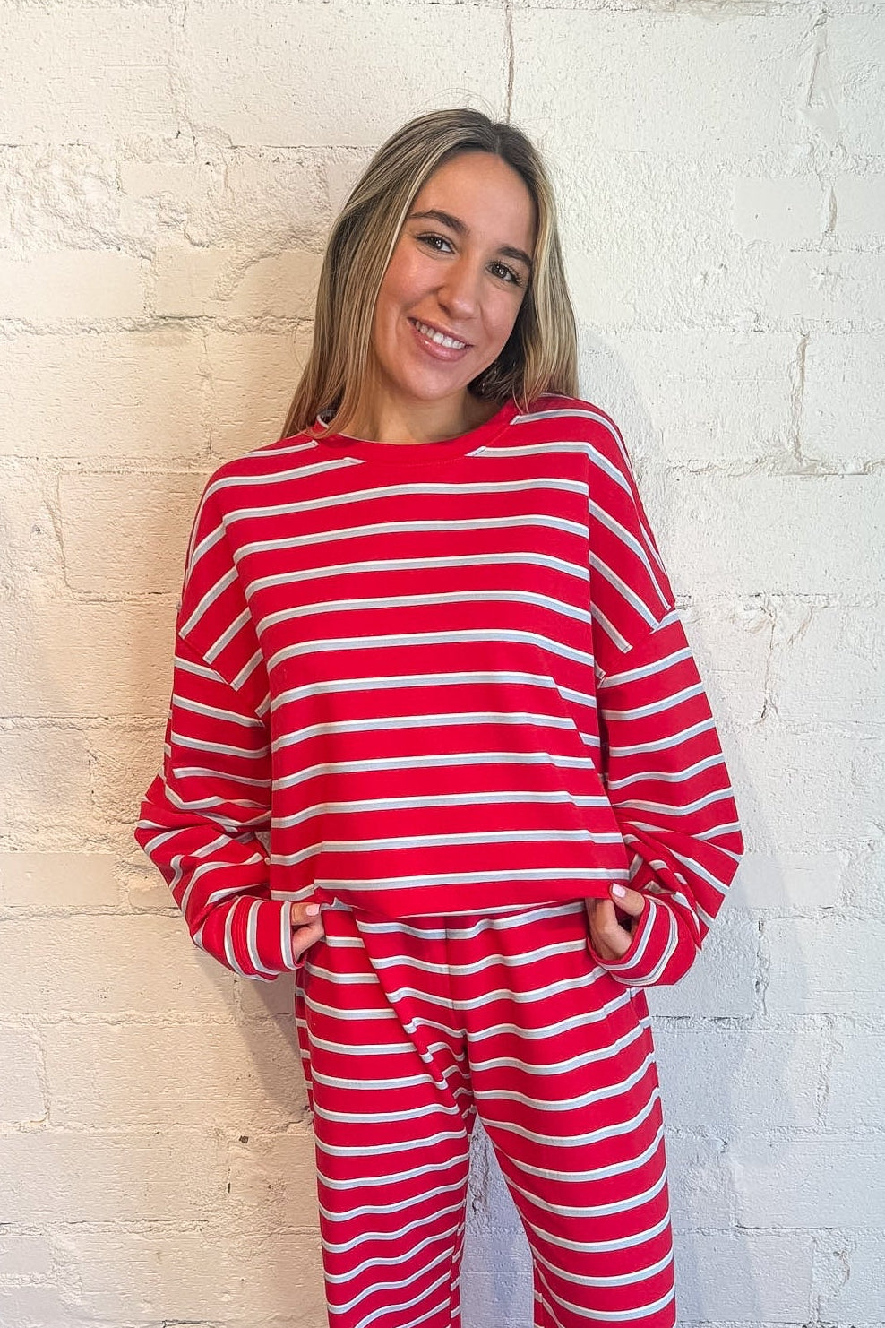 Malibu Morning Sweatshirt Red, Stripe Set, Striped sweatshirt