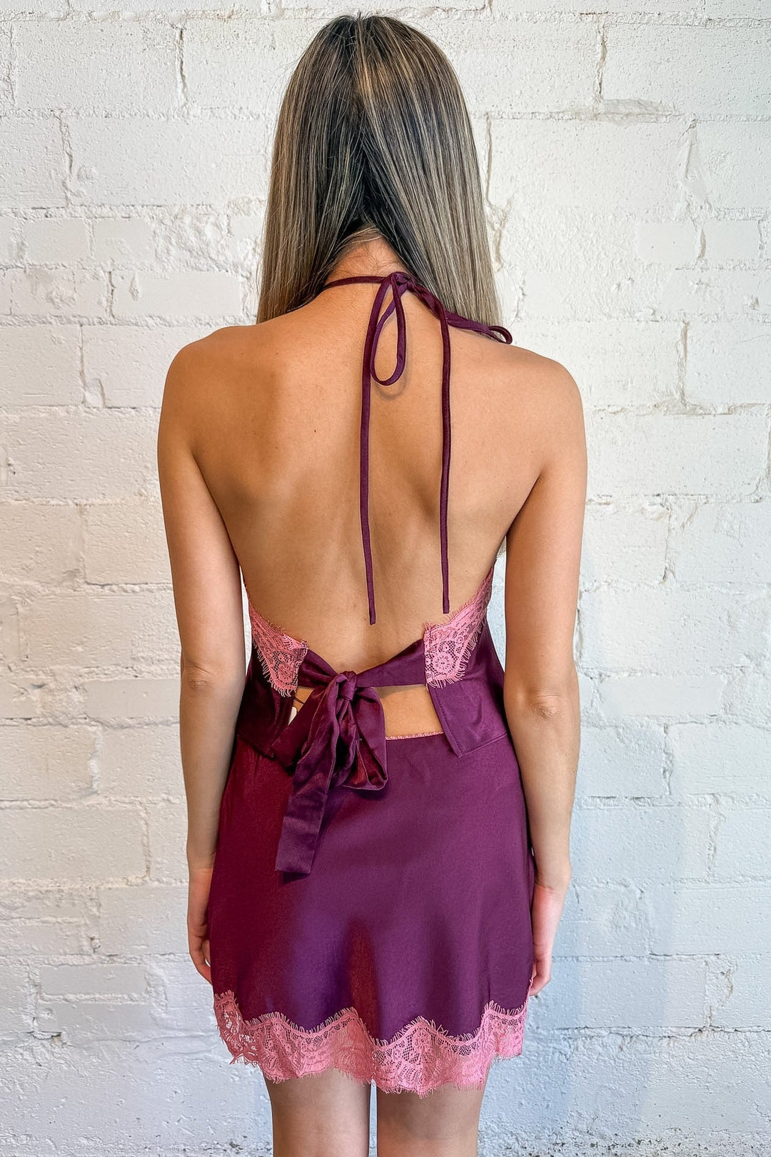 halter plum top with lace