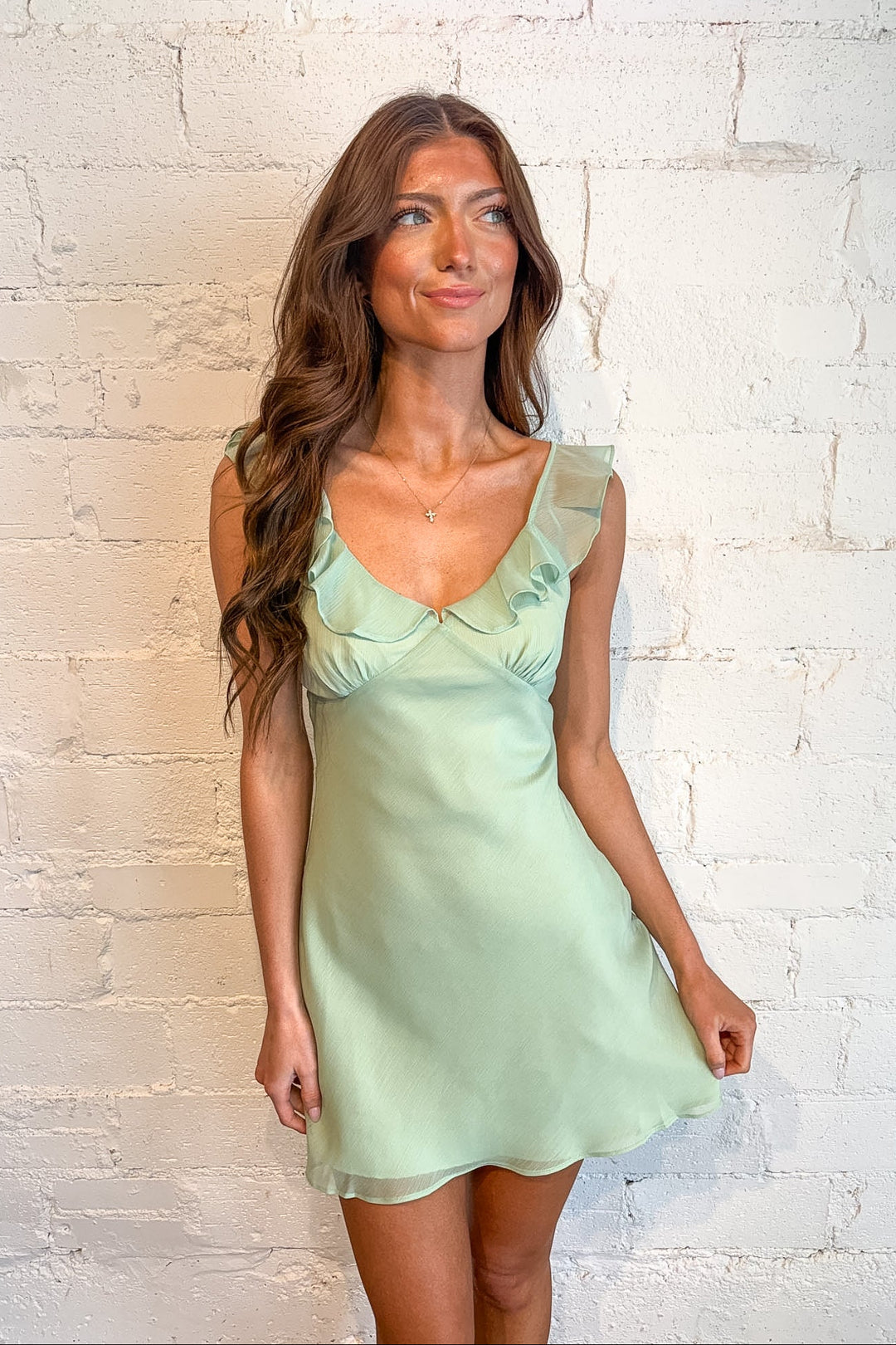 Matcha Girly Mini Dress, Mini Dress, Ruffle Dress, Adeline Boutique, Dallas Boutique, Easter Dresses, Sorority Rush Dress, Adeline Boutique, Dallas Boutique, Spring and Summer Dresses, Graduation Dress