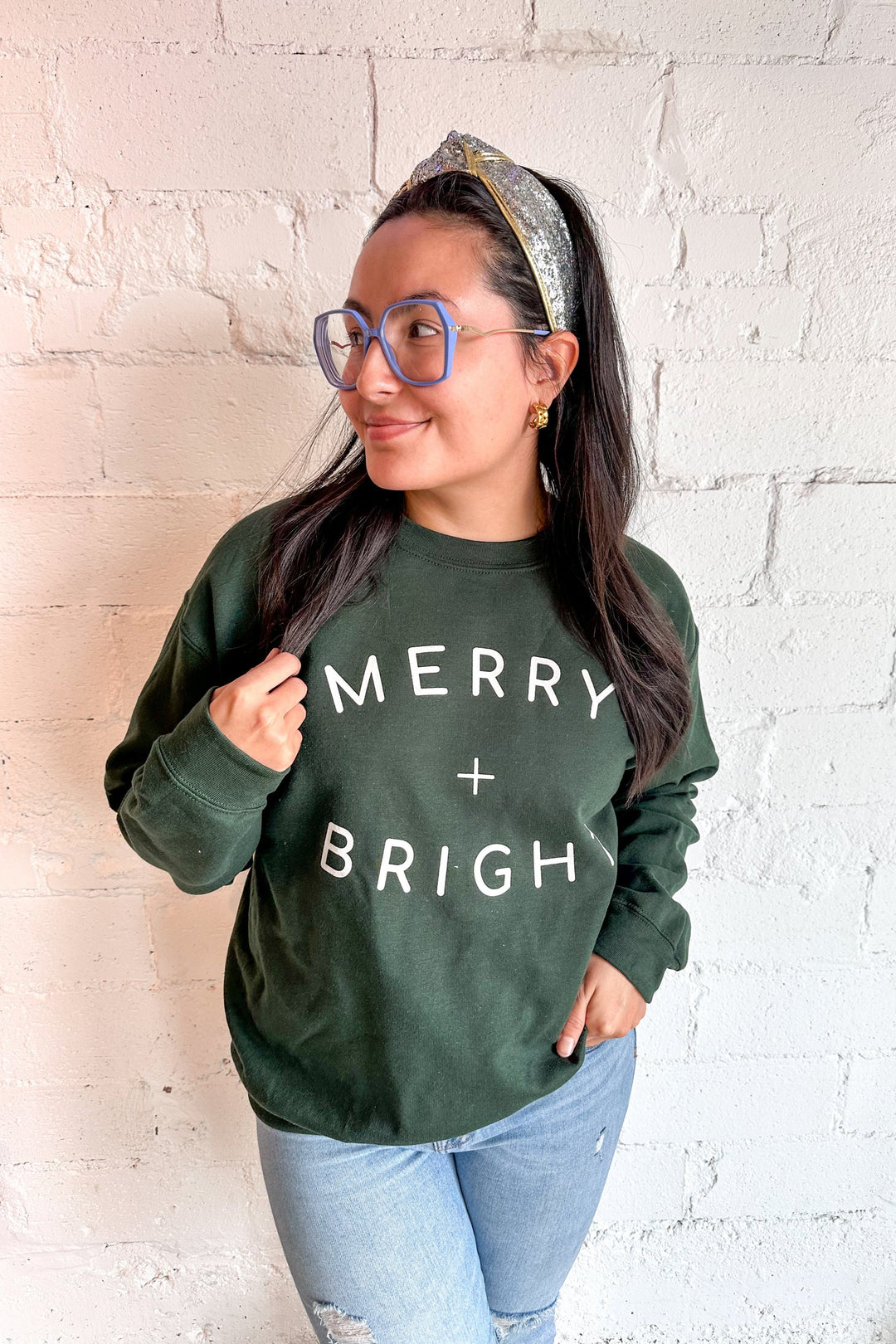 Merry + Bright Graphic Sweatshirt, Holiday Sweatshirt, Graphic Sweatshirt, Adeline Boutique 