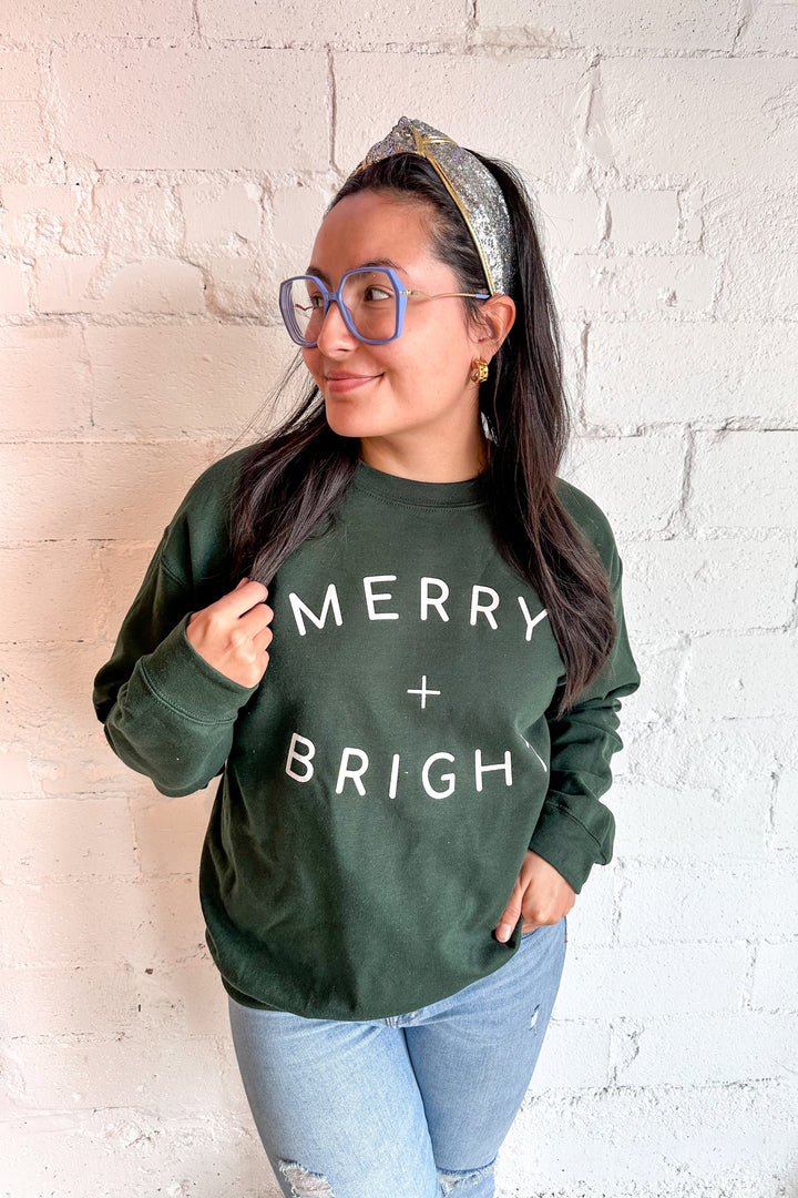 Merry + Bright Graphic Sweatshirt, Holiday Sweatshirt, Graphic Sweatshirt, Adeline Boutique 