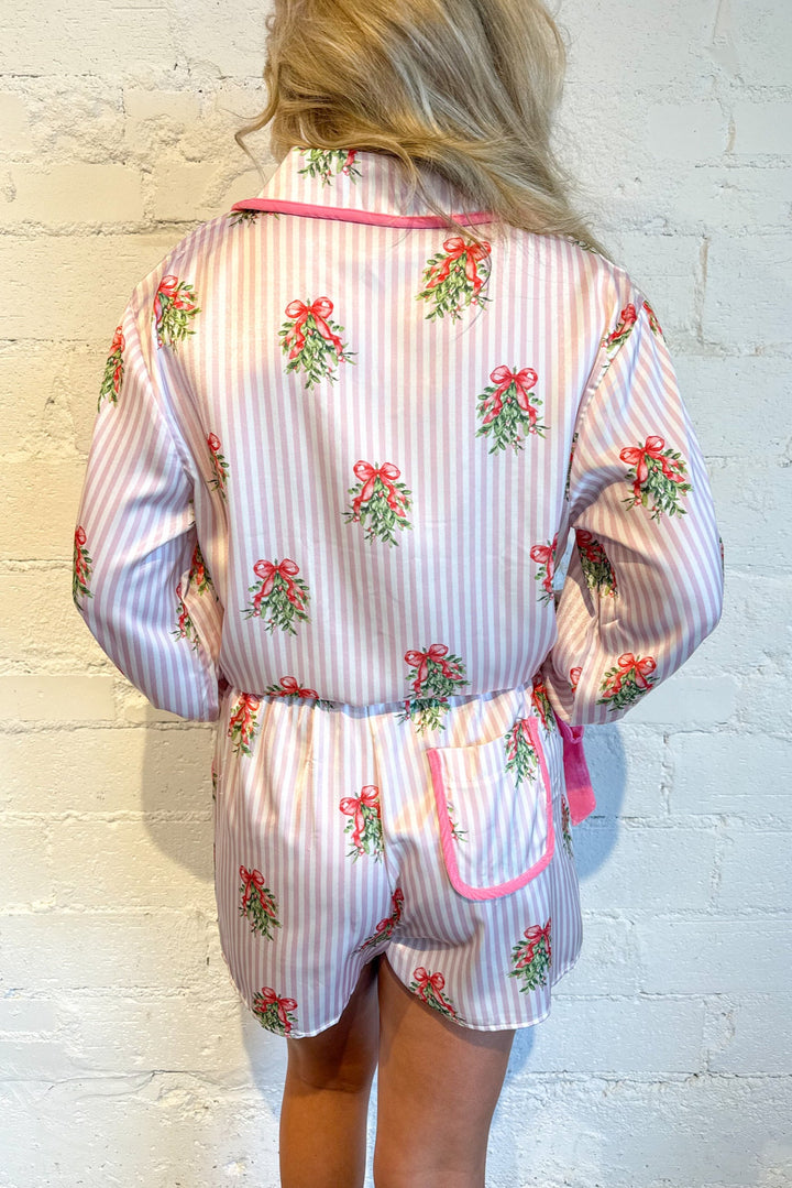 Merry Mistletoe Pajama Shorts, PJs, Christmas Pajamas, Lounge Set, Satin Pajamas, Adeline Boutique, Dallas Boutique, Women's Boutique