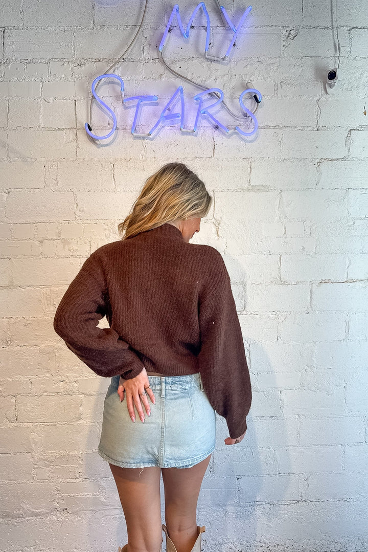 Mila Balloon Sleeve Cardigan Brown Back , adeline boutique , dallas boutique, boutique