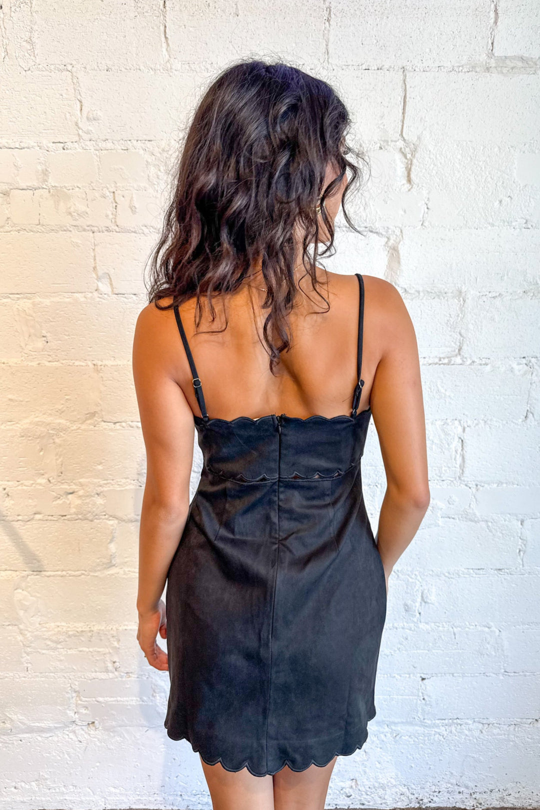 Moonstone Scallop Mini Dress, Black Dress, Suede Dress, Adeline Boutique, Dallas Boutique, Boutique Dresses