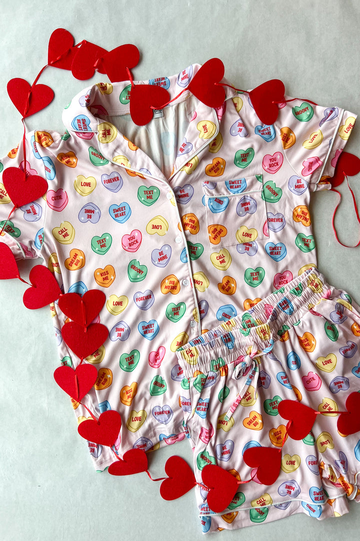 Multicolored Candy Hearts Valentines PJ Top, PJs, Valentines PJs, Pajamas, Adeline Boutique, Gift Ideas