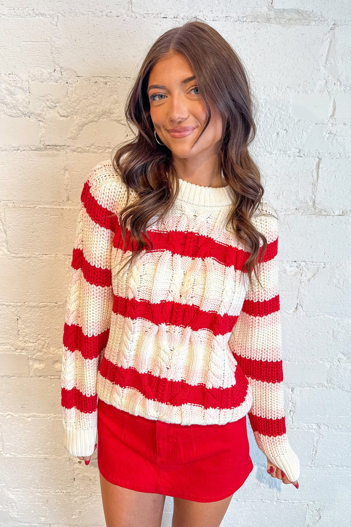 Myla Striped Cable Knit Sweater, Striped Sweater, Sweaters, Holiday Sweater, Knit Top, Tops, Adeline Boutique, Dallas Boutique, 