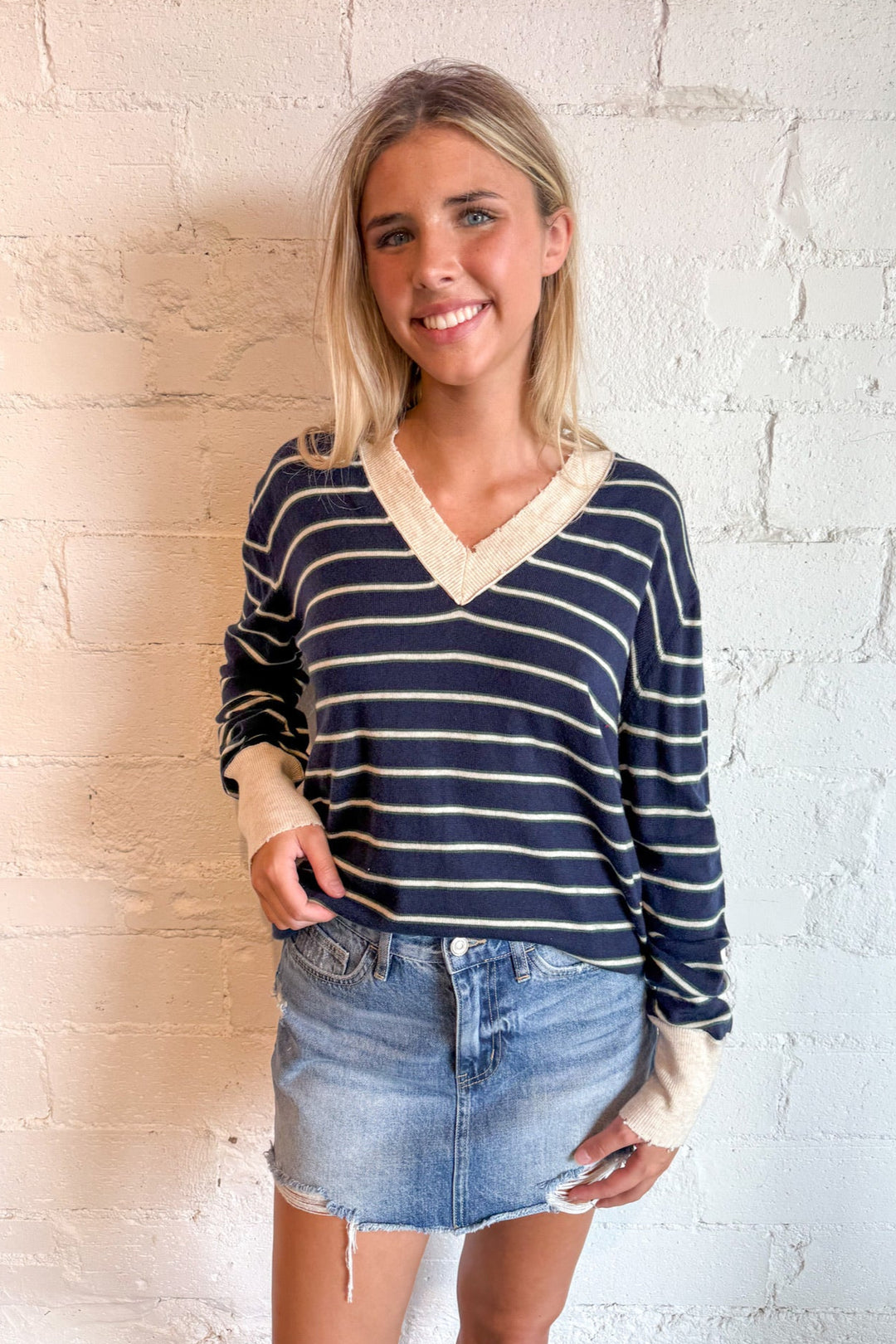 Striped V-Neck Sweater Top, Long Sleeve Top, Tops, Fall Tops, Striped Long Sleeve, Sweaters, Adeline Boutique, Dallas Boutique