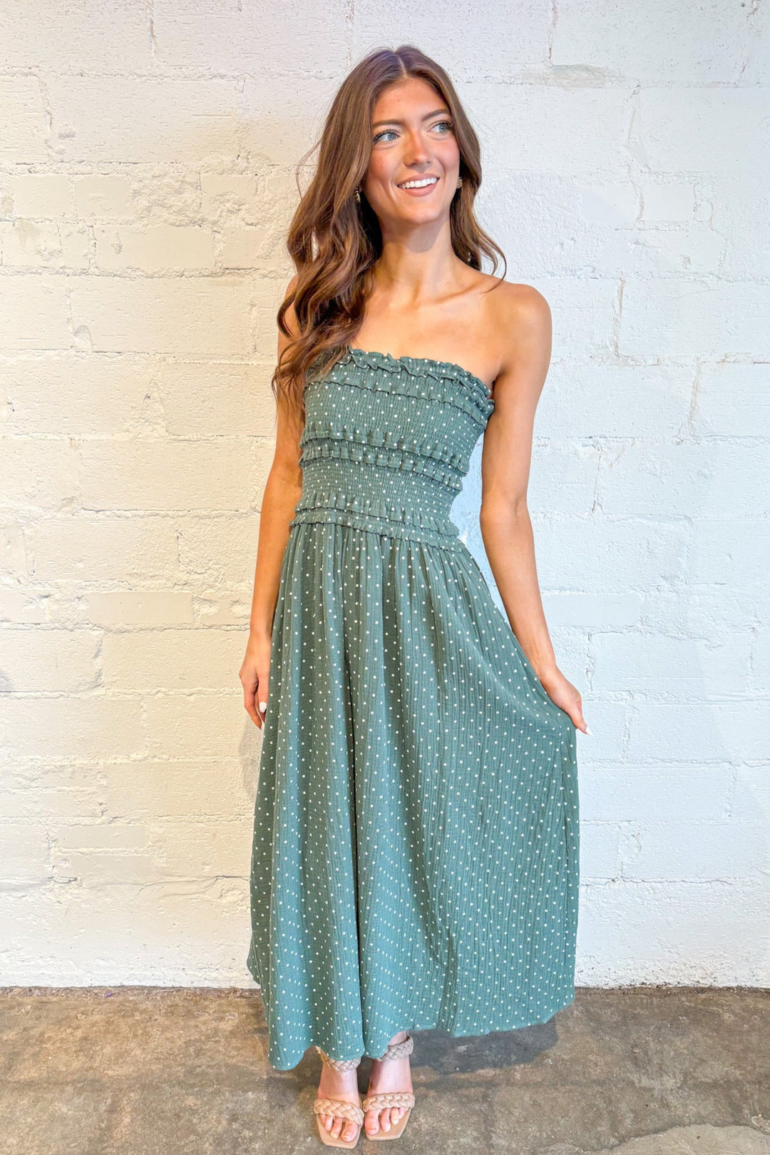 Olive Martini Maxi, Maxi Dress, Strapless Maxi Dress, Polka Dot Dress, Adeline Boutique, Dallas Boutique, Boutique Dresses