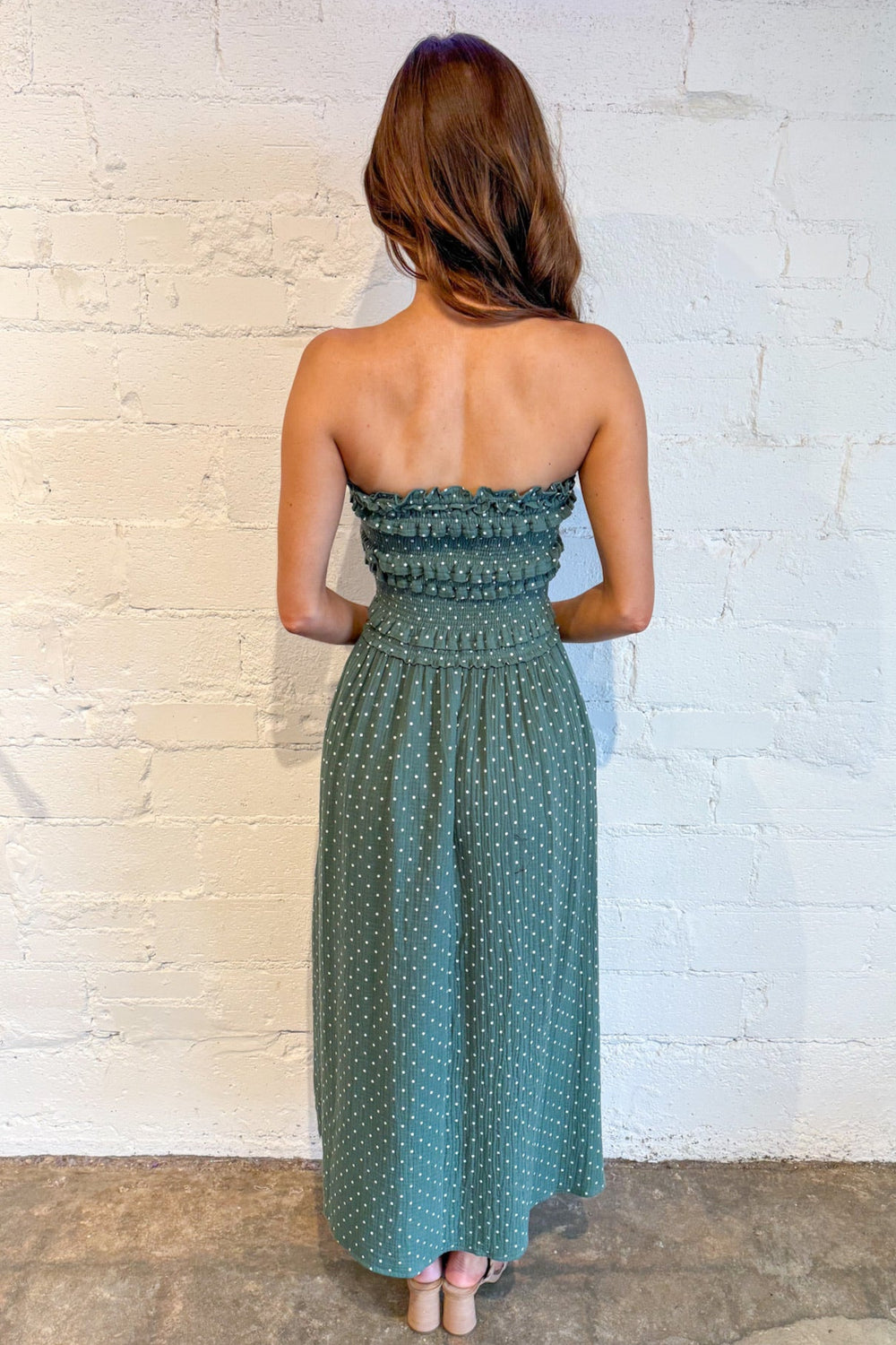 Olive Martini Maxi, Maxi Dress, Strapless Maxi Dress, Polka Dot Dress, Adeline Boutique, Dallas Boutique, Boutique Dresses