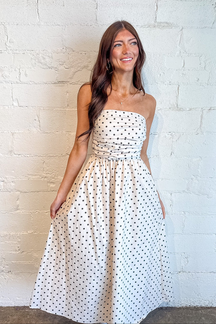Paige Polka Dot Maxi Dress, Maxi Dress, Polka Dots, Adeline Boutique, Dallas Boutique, Spring Dresses, Vacation Styles, Maxi, Strapless Maxi Dress