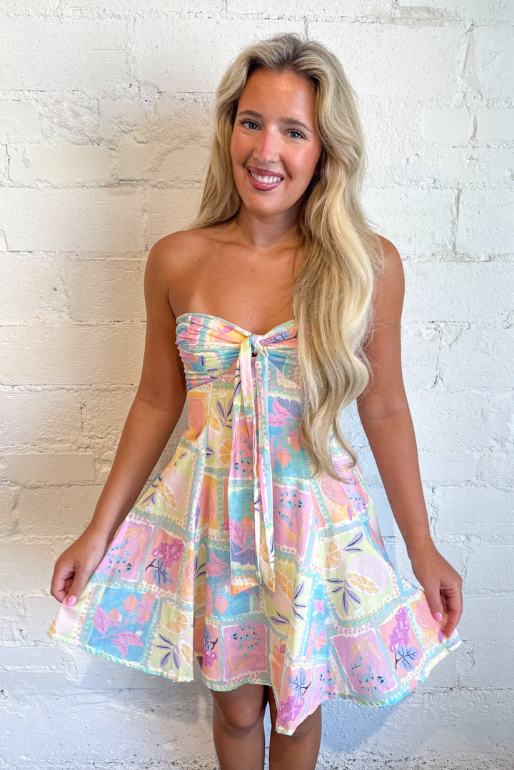 Pastel Fruit Tile Dress, Strapless Dress, Adeline Boutique, Dallas Boutique, Summer Styles, Vacation Styles, Dresses