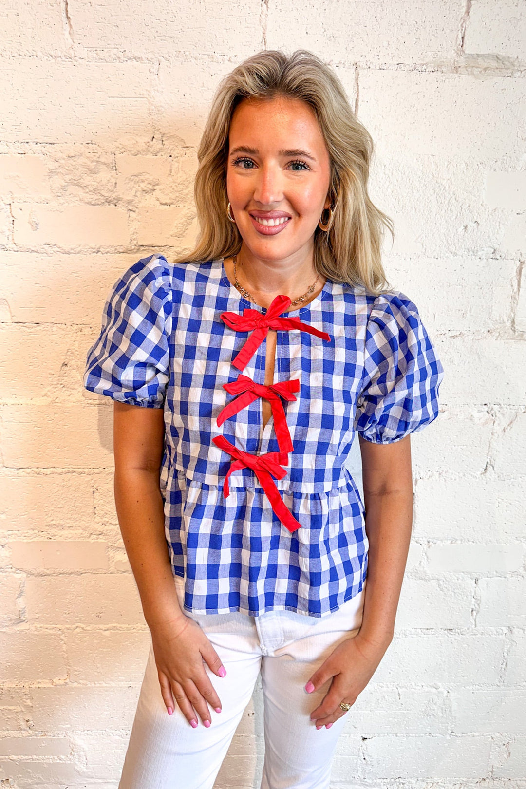 Patriotic Pop Top, Front Tie Top, Adeline Boutique, Dallas Boutique, Tops, 4th of July, Gingham tops