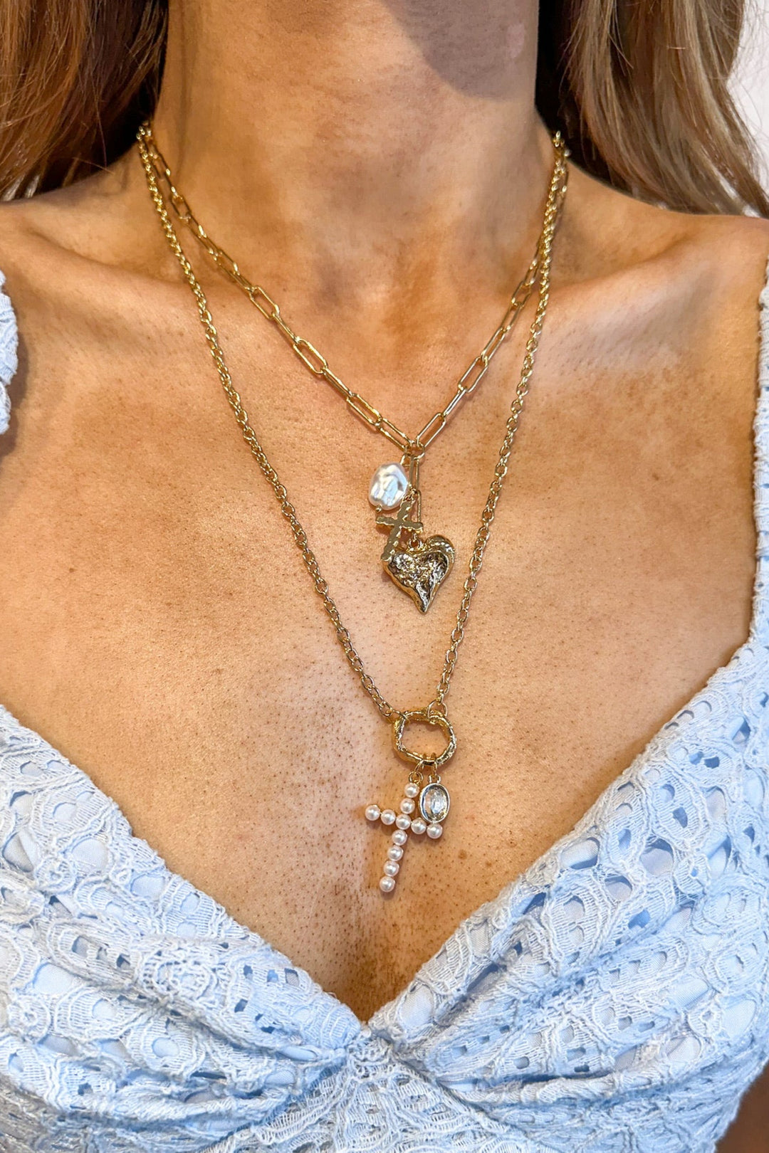 Pearl Cross Charm Necklace, Charm Necklace, Boutique Jewelry, Adeline Boutique, Dallas Boutique