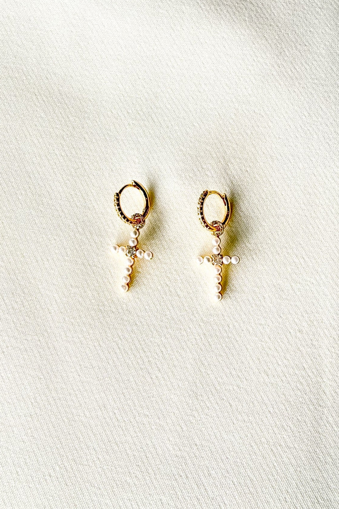 Pearl Cross Drop Hoop Earrings, Pearl Earrings, Cross Earrings Wedding Jewelry, Adeline Boutique, Women's Boutique