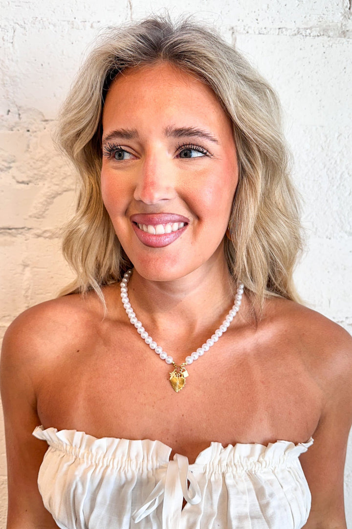 Pearl Heart Charm Necklace, Pearl Necklace, Jewelry, Necklace, Adeline Boutique, Dallas Boutique, Boutique Jewelry 