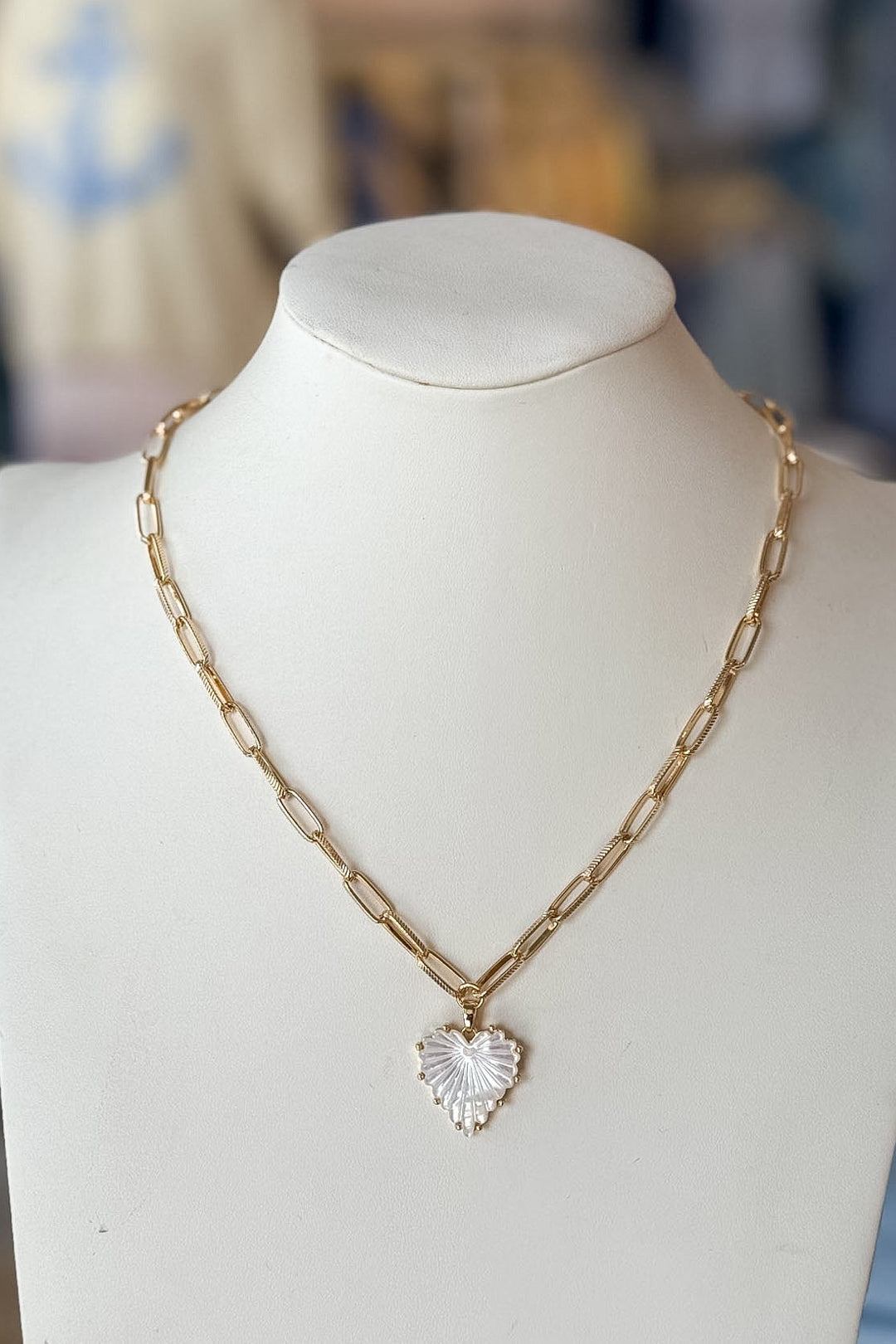 Pearly White Gold Heart Necklace, Heart, Necklace, Necklace, Jewelry, Adeline Boutique, Dallas Boutique, Boutique Jewelry