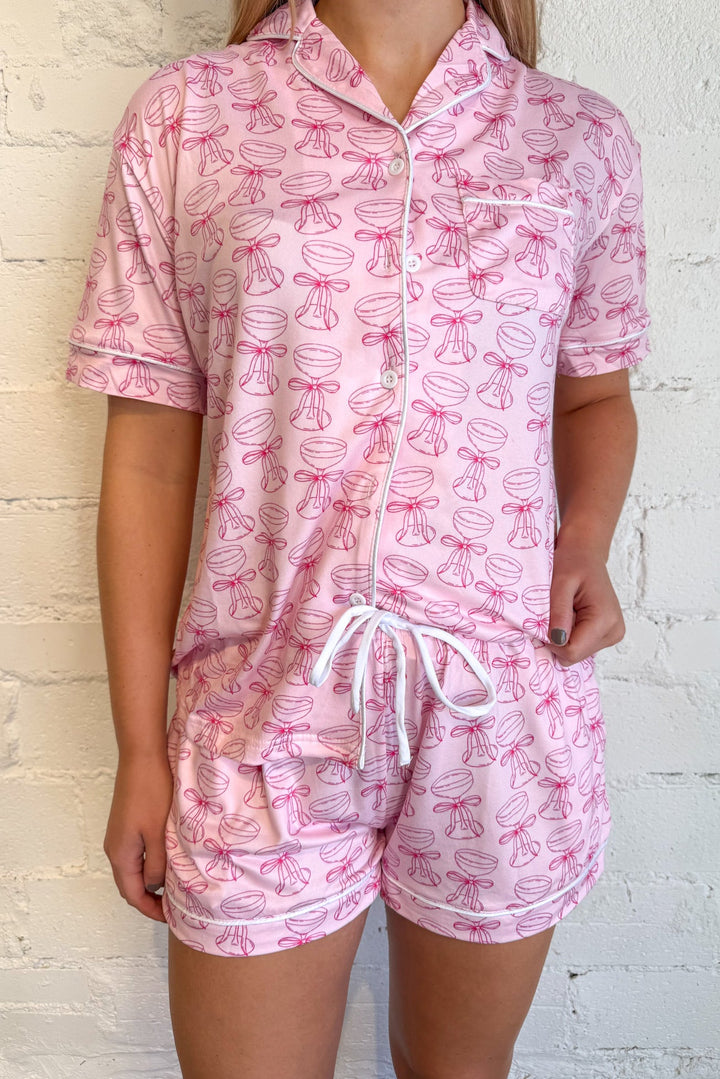 Pink Champagne Pajama Shorts, Champagne Pajamas, Pajamas, Holiday Pajamas, Bottoms, Loungewear, Lounge Set, Adeline Boutique, Dallas Boutique