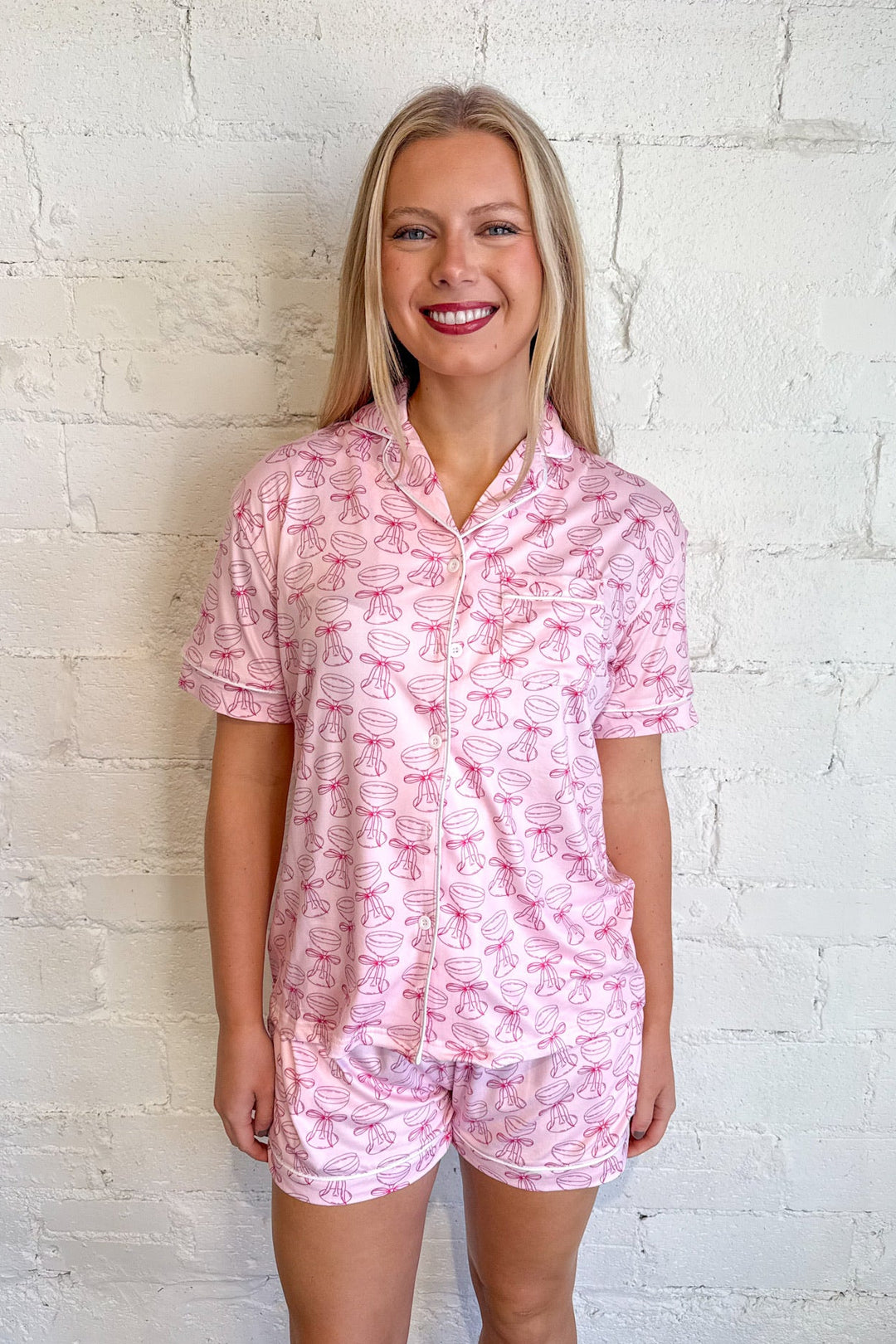 Pink Champagne Pajama Top, Pajama Tops, Tops, Adeline Boutique, Dallas Boutique, Holiday Pajamas, Loungewear, Lounge set