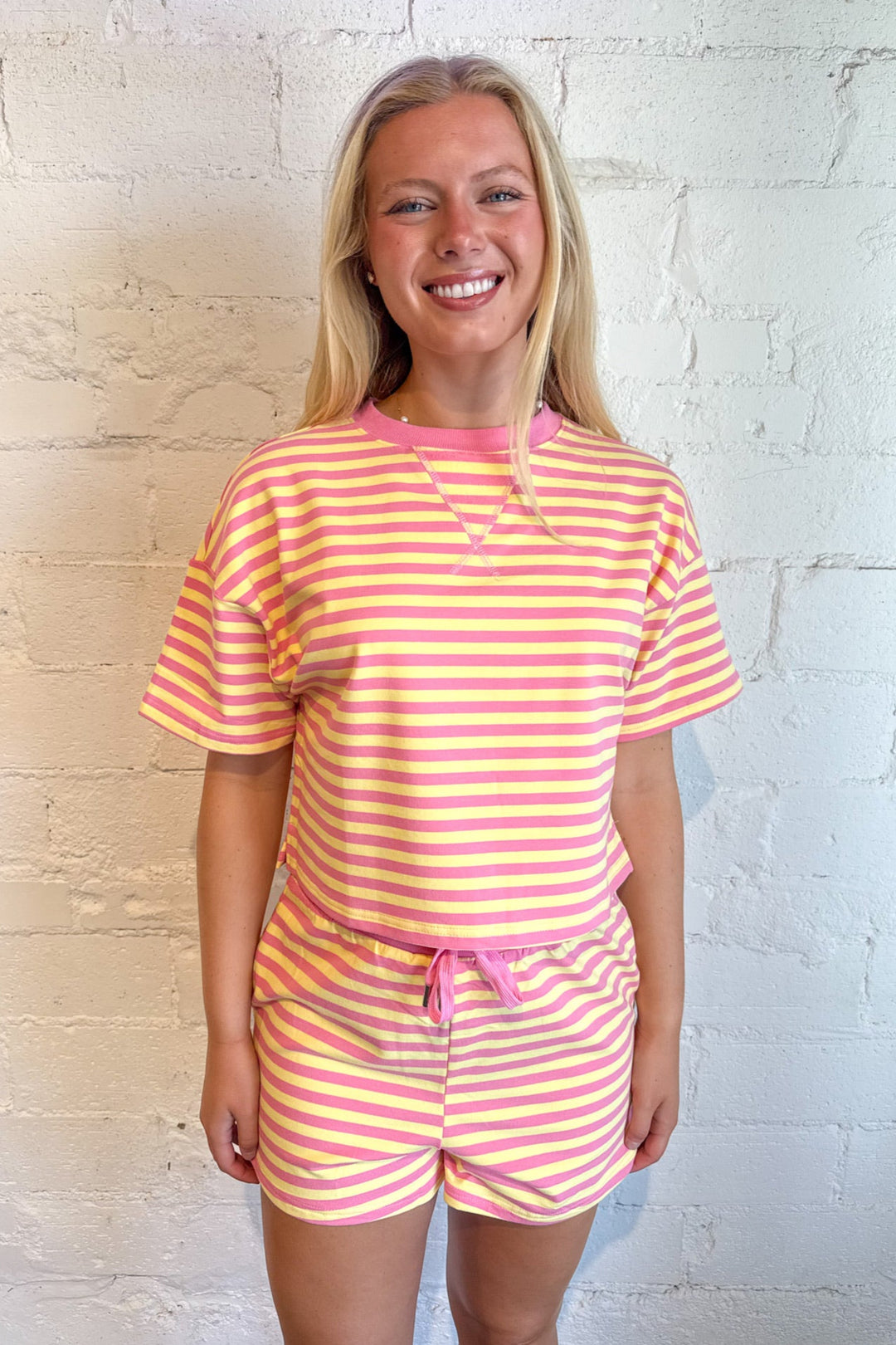 Pink Lemonade Short Sleeve Tee, Short Sleeve Tee, Striped Tee, Matching Set, Two Piece Set, Loungewear, Adeline Boutique, Dallas Boutique