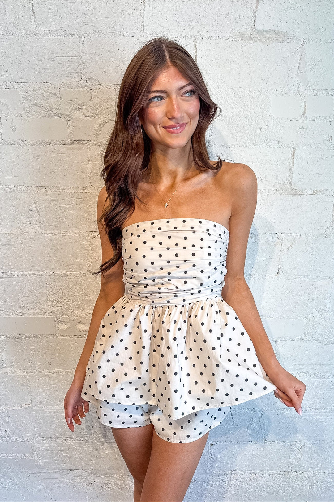 Piper Polka Dot Peplum Top, Peplum Top, Spring and Summer Tops, Sets, Matching Sets, Two Piece Sets, Polka Dot Tops, Strapless Top, Vacation Styles, Adeline Boutique, Dallas Boutique