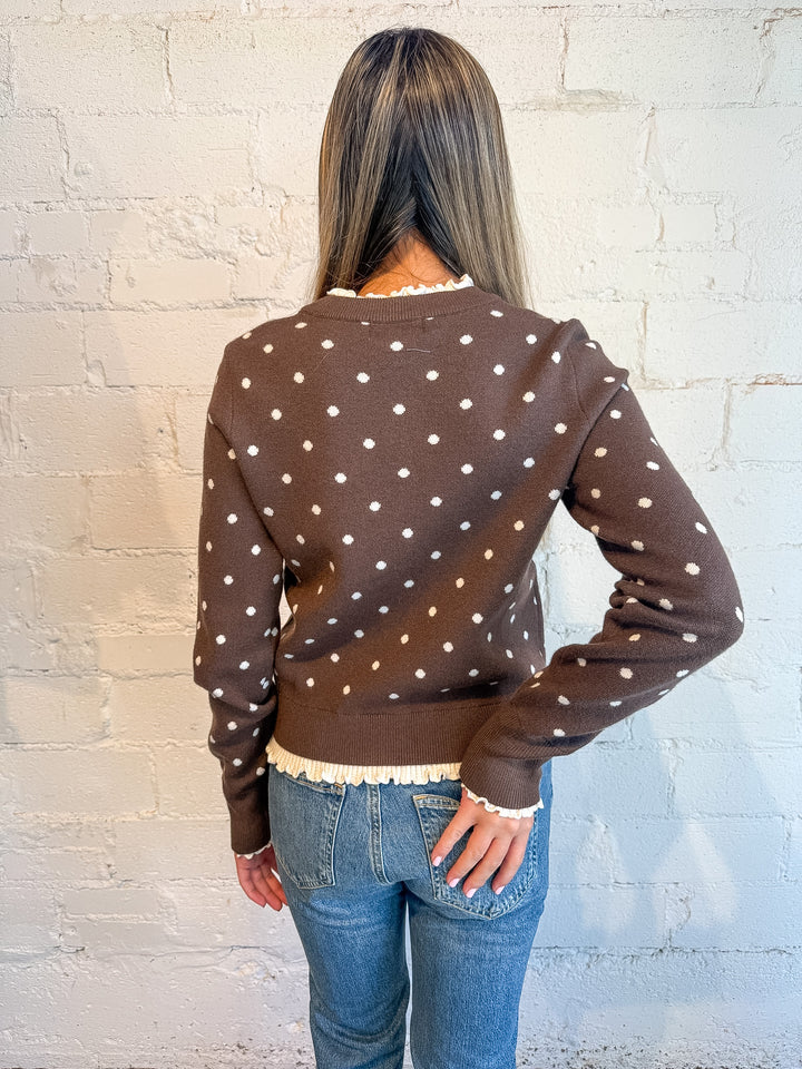Polkadot Button Down Cardigan , Brown and white Polka Dot Cardigan, Fall Sweater