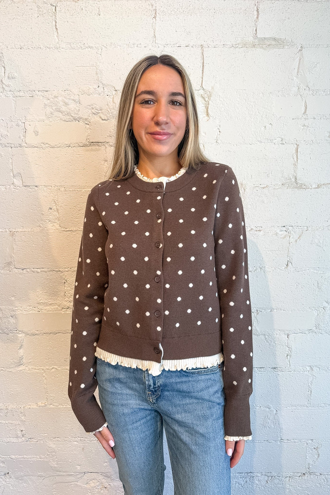 Polkadot Button Down Cardigan , Brown and white Polka Dot Cardigan, Fall Sweater