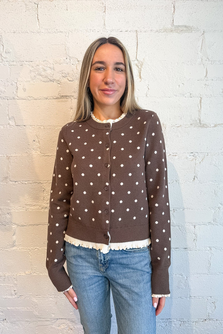 Polkadot Button Down Cardigan , Brown and white Polka Dot Cardigan, Fall Sweater