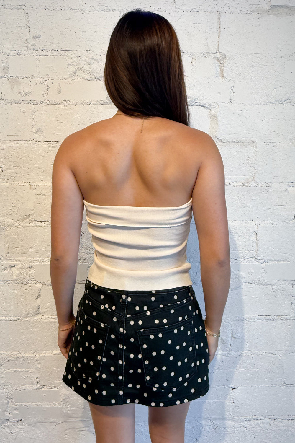 Polka Dot Denim Skort Back, adeline boutique, dallas boutique, boutique