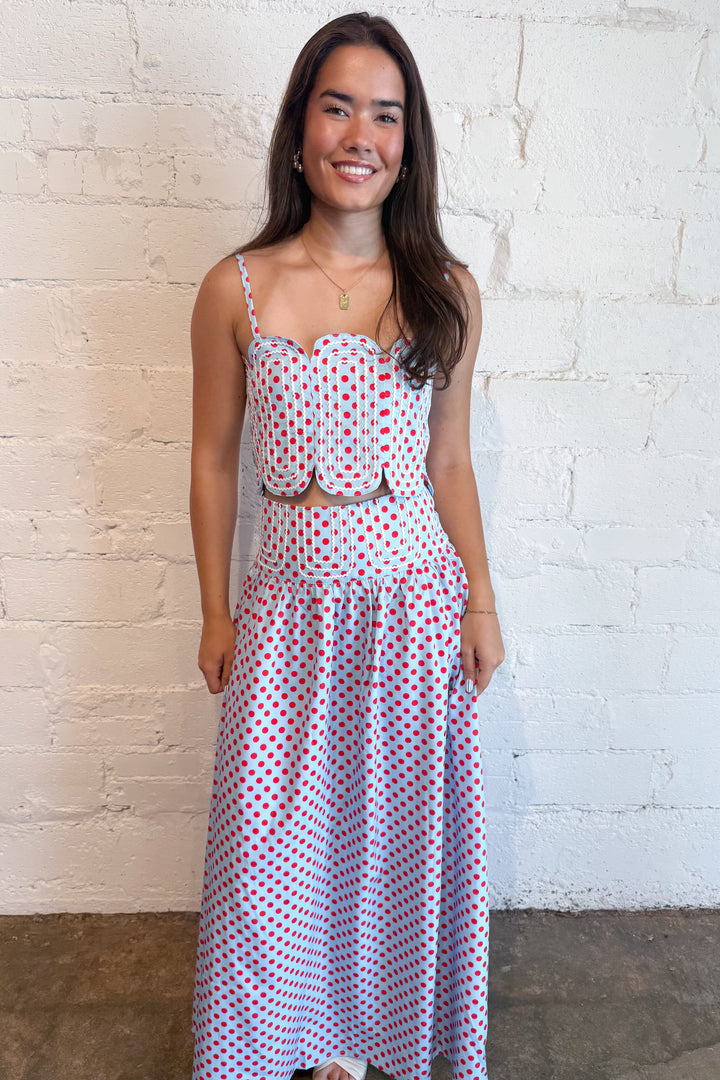 Polka Dot Rally Maxi Skirt Light Blue, adeline boutique, dallas boutique, boutique