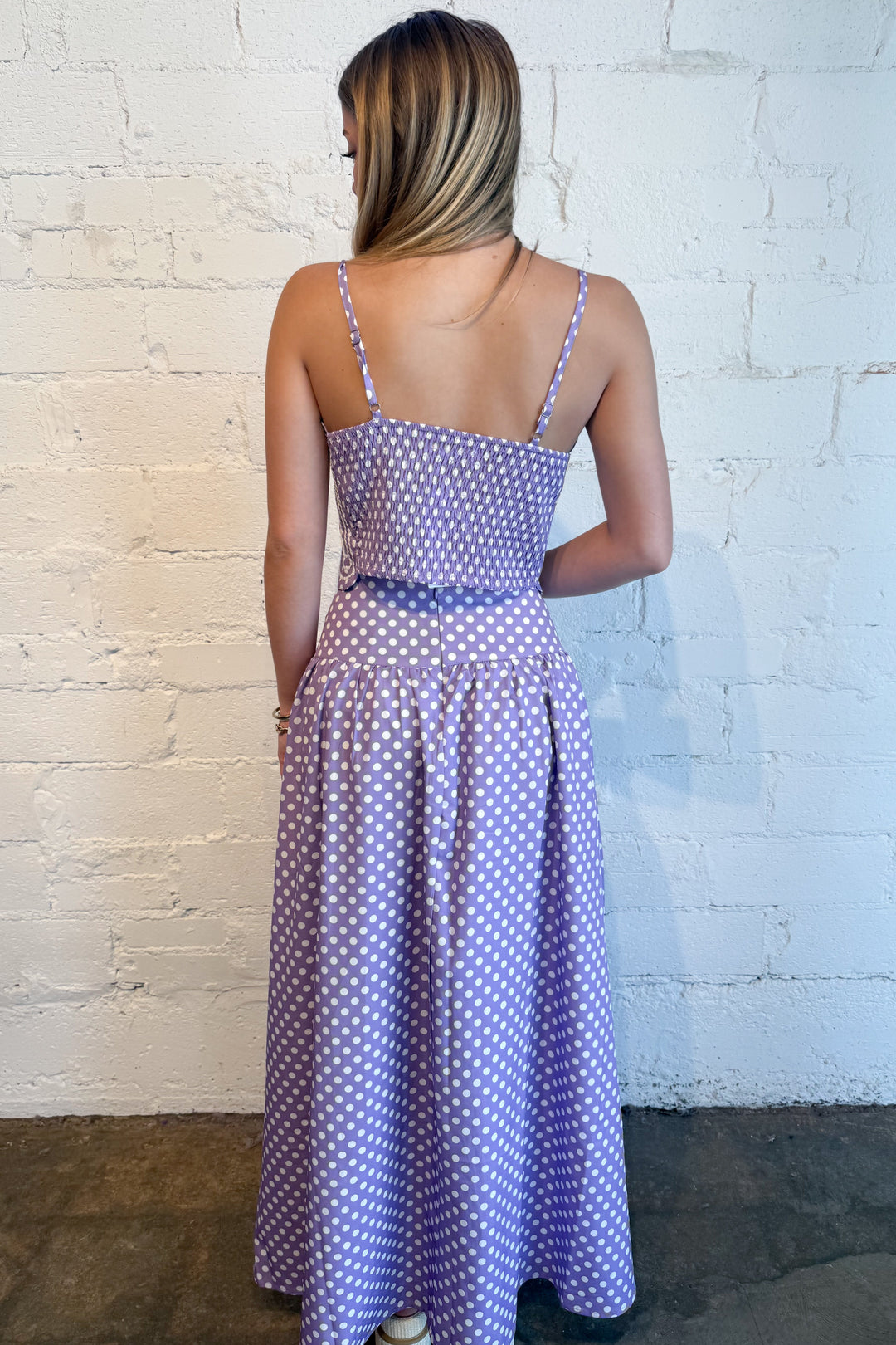 Polka Dot Rally Top Purple Back, adeline boutique, dallas boutique, boutique