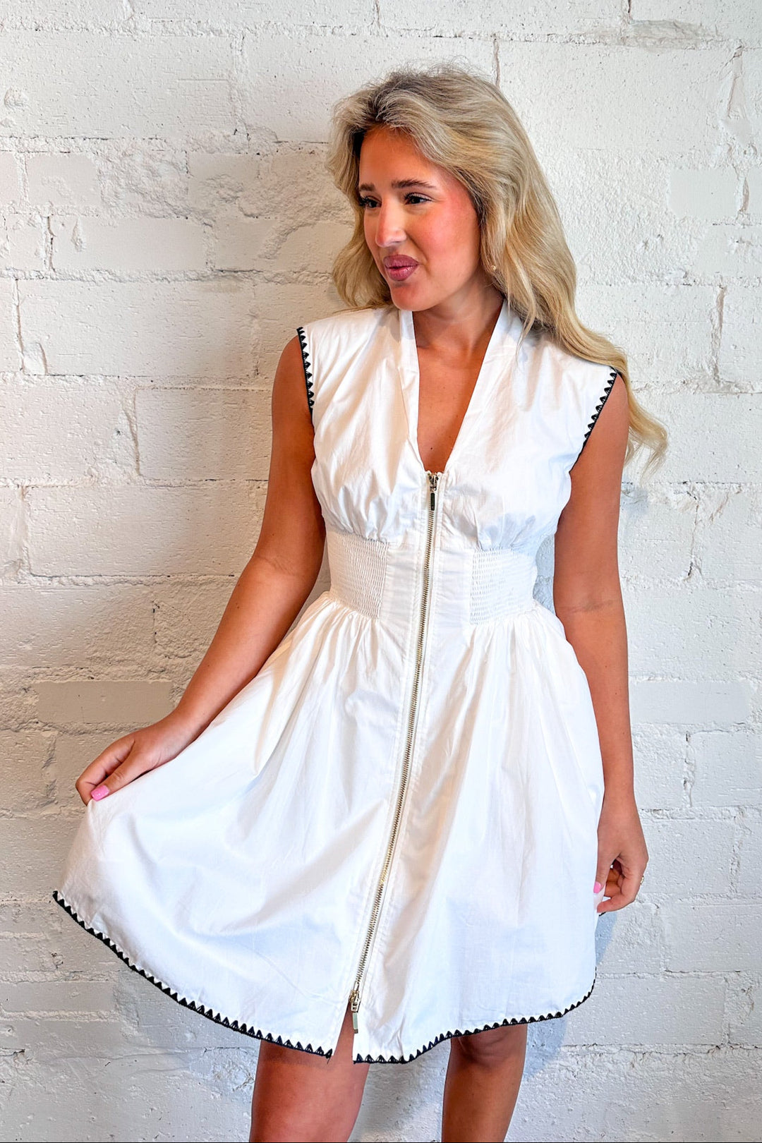 Poppy Edge Stitched Dress, White dress, Adeline Boutique, Dallas Boutique, Boutique Dresses, Summer Dresses