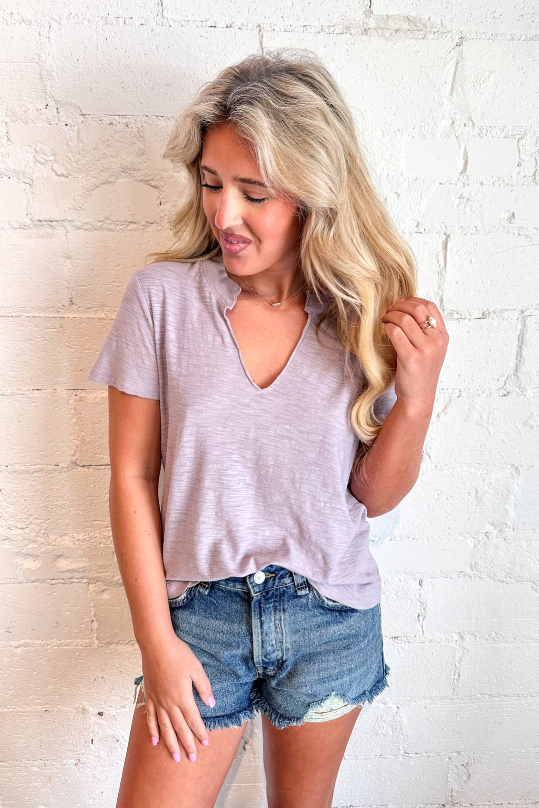 Project Social LavenderBlush Plata Notched Tee, Tee, Adeline Boutique, Dallas Boutique, Boutique Clothing, Basic Tee