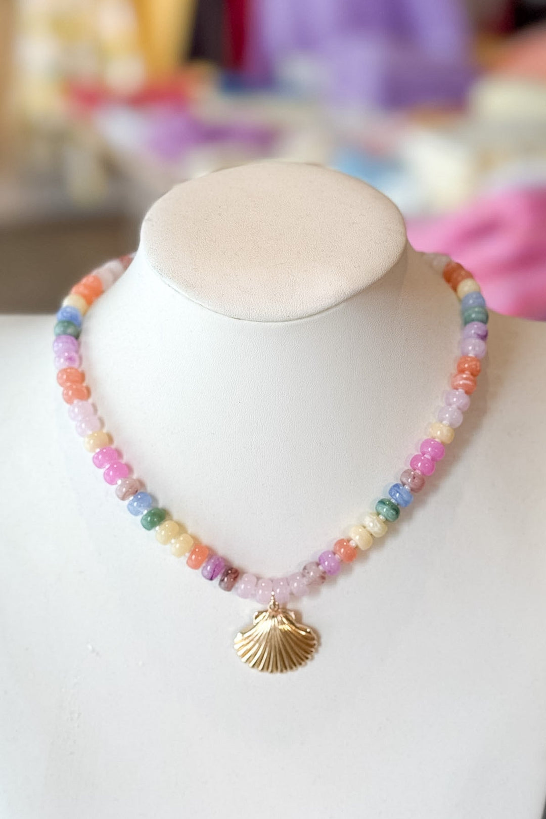 Rainbow Beaded Gold Shell Necklace, Beaded Necklace, Accessories, Jewelry, Beach Jewelry, Dallas Boutique, Women's Boutique