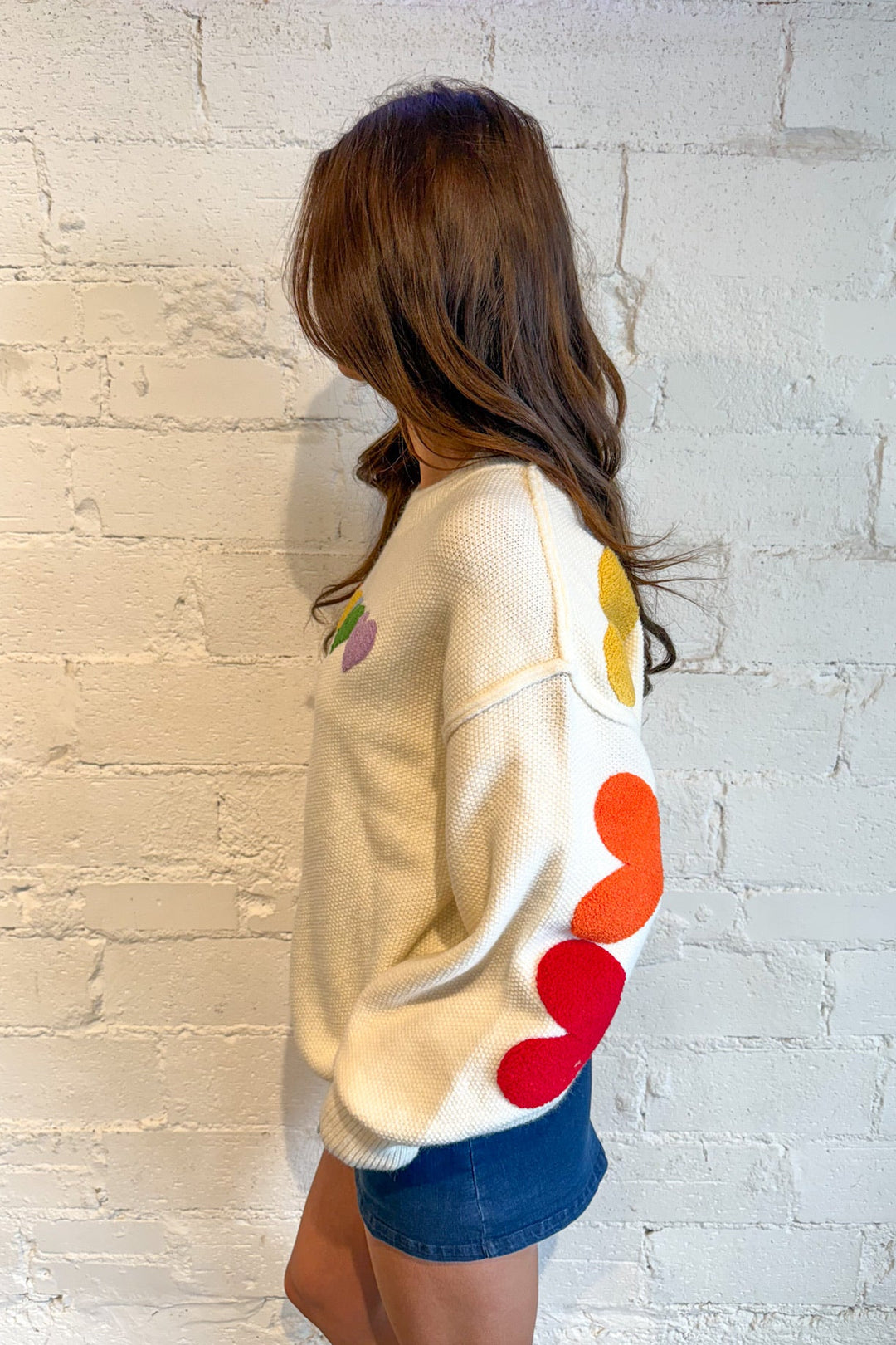 Rainbow Heart Shaped Patch Sweater, Sweaters, Oversized Sweater, Valentines Styles, Valentines Styles, Adeline Boutique, Dallas Boutique, Long Sleeve Tops, Tops