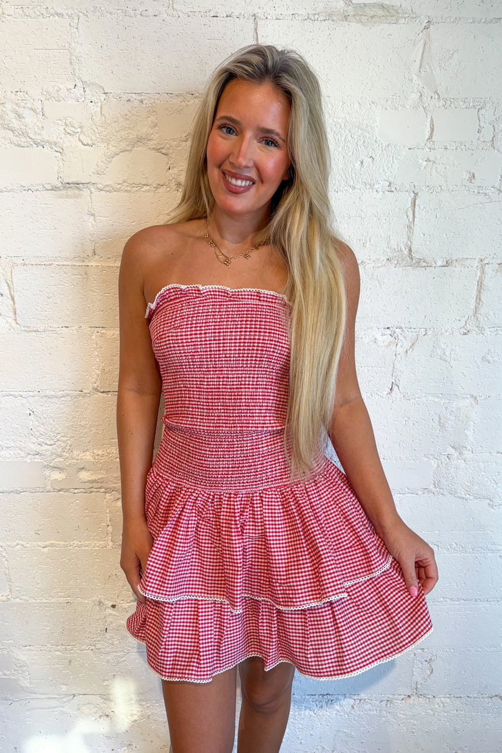 Boulevard Ready Smocked Dress, Smocked Mini Dress, Strapless Mini Dress, Gingham Dress, Country Concert Outfit, Rodeo Dress, Adeline Boutique, Dallas Boutique, Game Day Styles