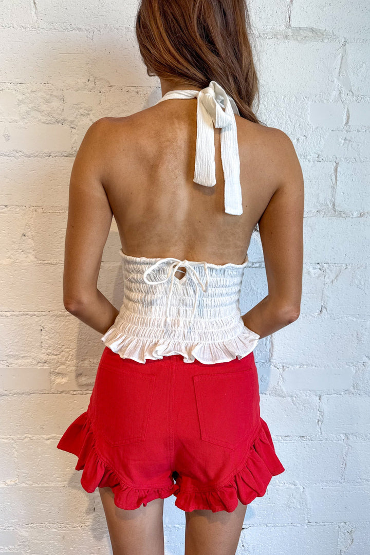 Flared Ruffle Denim Shorts, Denim Shorts, Bottoms, Adeline Boutique, Dallas Boutique, Game Day Styles, Game Day Outfit, Summer Styles