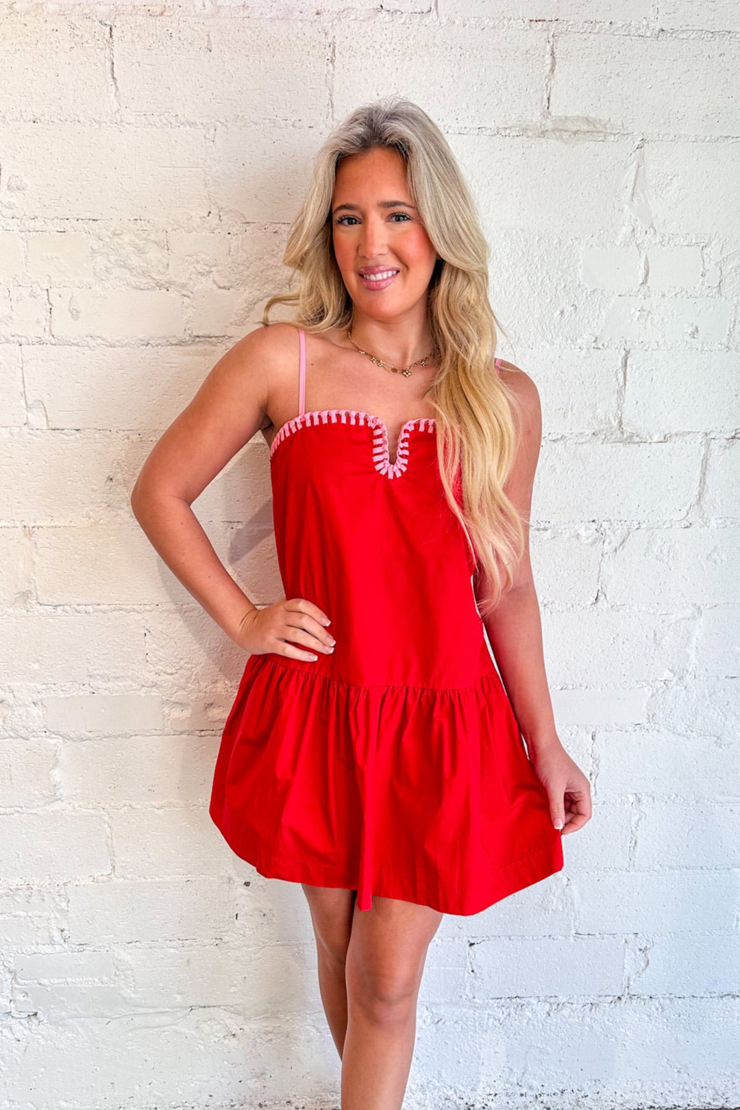 red contrast dresses Red Wool A-Line Dress with Contrast Waistband and Long Sleeves