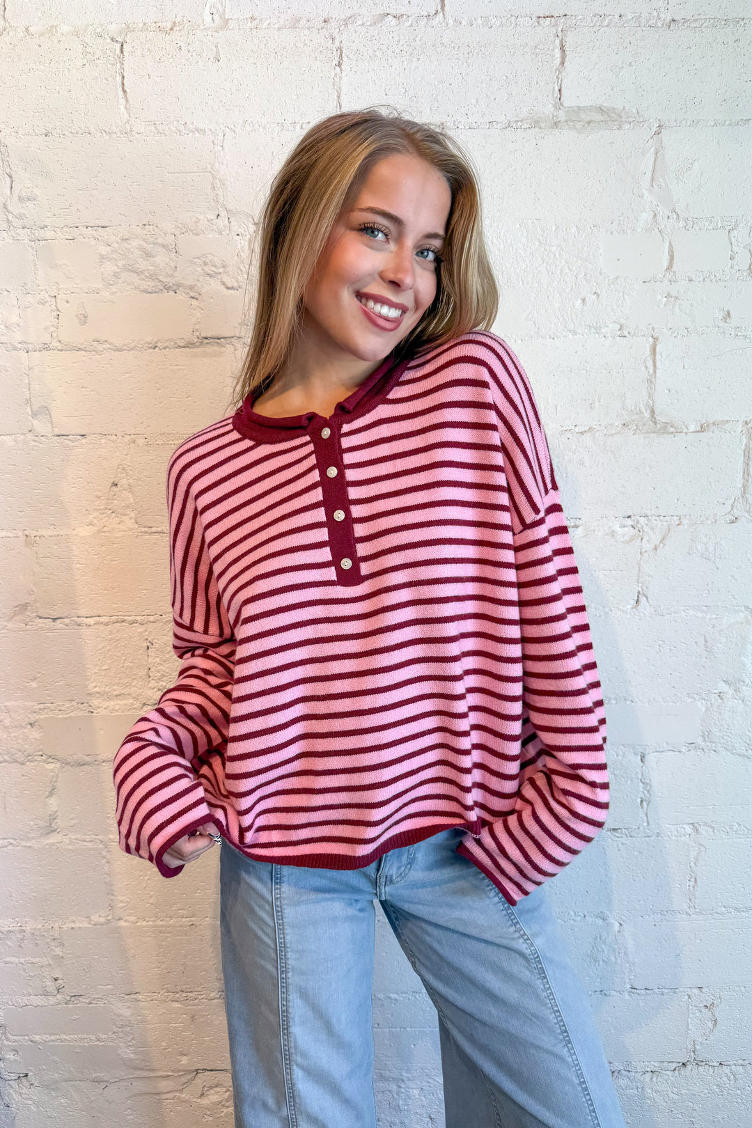 Red and pink stripe sweater , stripe sweater, stripe henley sweater, dallas boutique 