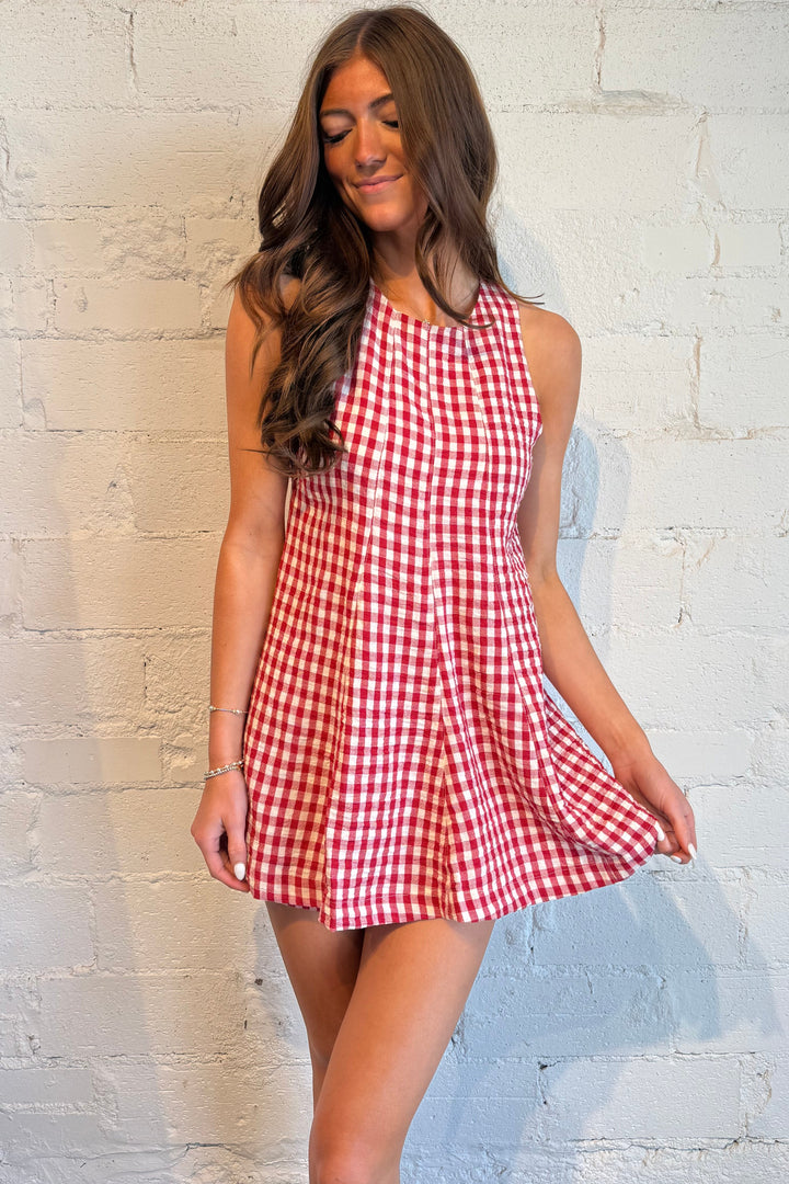 red gingham romper, gameday outfit. game day outfit, red gingham dress, red gingham clothing 