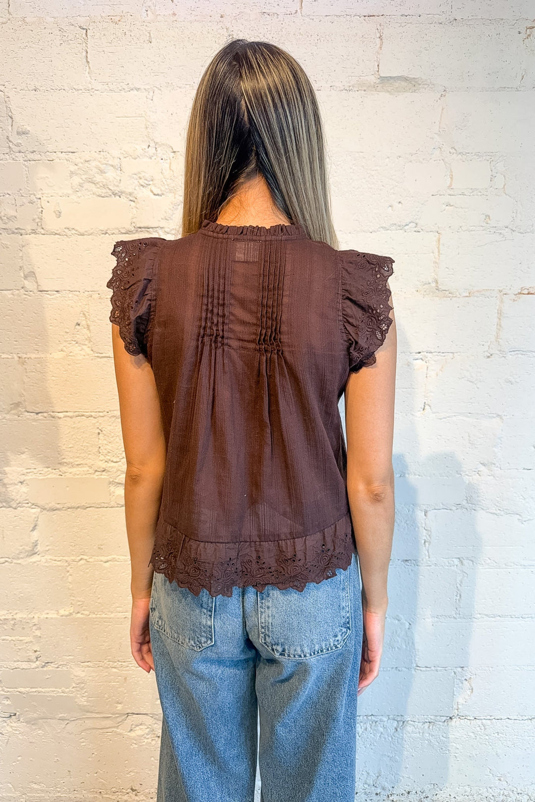 brown top, brown knit top with lace detailing, rosalie tie top