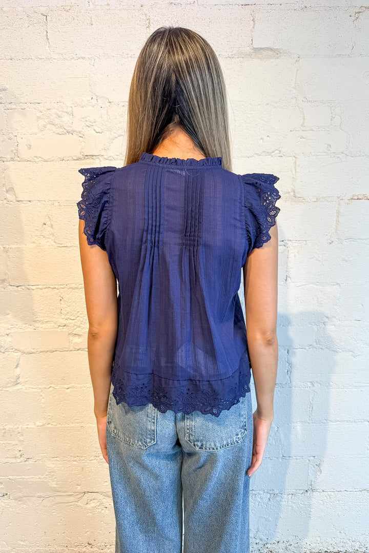 navy top, navy knit top with lace detailing, rosalie tie top
