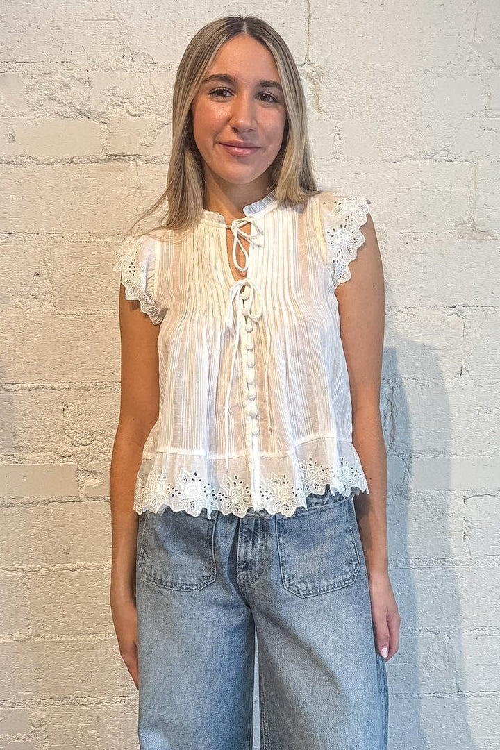 white top, white knit top with lace detailing, rosalie tie top